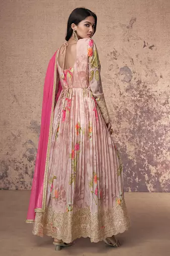 Blush pink floral print embellished front slit anarkali suit with dupatta