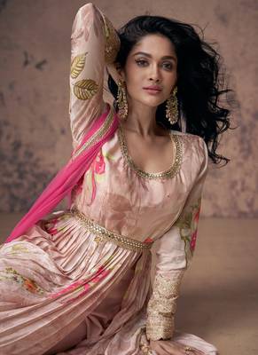 Blush pink floral print embellished front slit anarkali suit with dupatta 3