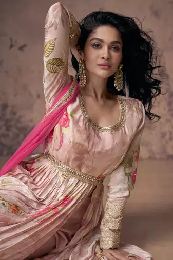 Blush pink floral print embellished front slit anarkali suit with dupatta
