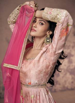 Blush pink floral print embellished front slit anarkali suit with dupatta 4
