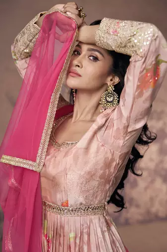 Blush pink floral print embellished front slit anarkali suit with dupatta