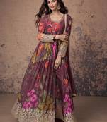 Wine floral print embellished front slit anarkali suit with dupatta