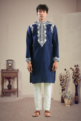 Blue art silk embroidery kurta with pajama 1