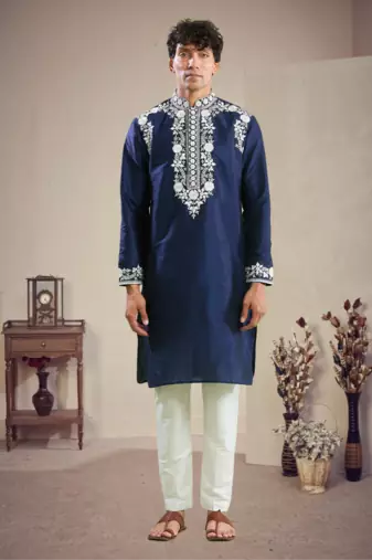 Blue art silk embroidery kurta with pajama