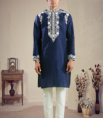 Blue art silk embroidery kurta with pajama