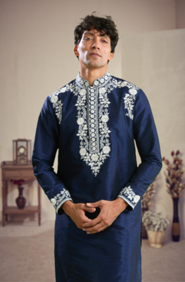 Blue art silk embroidery kurta with pajama 2