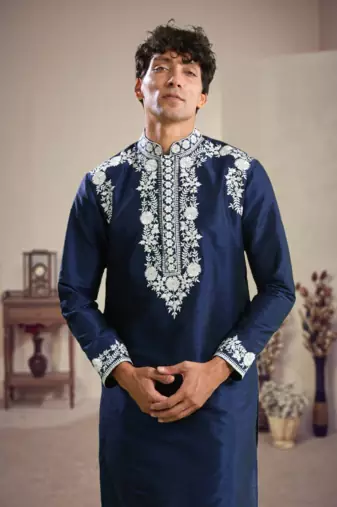Blue art silk embroidery kurta with pajama