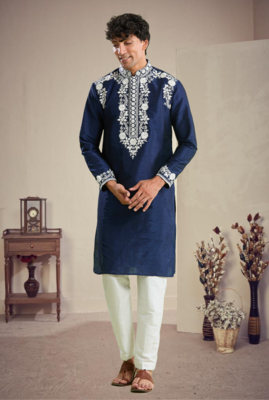 Blue art silk embroidery kurta with pajama 3