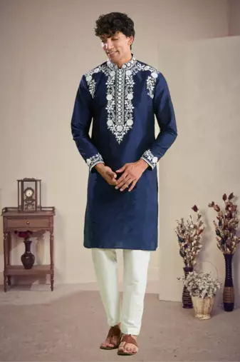 Blue art silk embroidery kurta with pajama