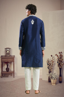 Blue art silk embroidery kurta with pajama 4