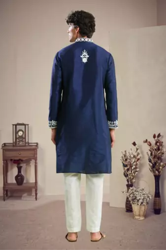 Blue art silk embroidery kurta with pajama