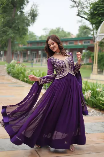 PURPLE FAUX BLOOMING GEORGETTE WITH RICH SEQUINS MULTI EMBROIDERED GOWN WITH DUPATTA
