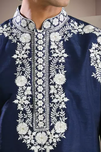 Blue art silk embroidery kurta with pajama