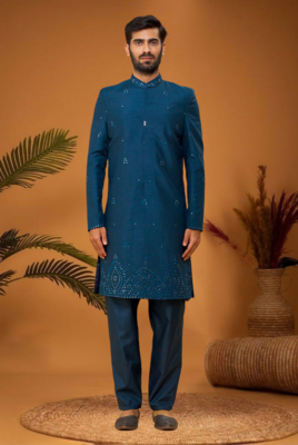 Blue art silk embroidered mirror work sherwani set 1