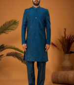 Blue art silk embroidered mirror work sherwani set