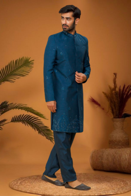 Blue art silk embroidered mirror work sherwani set 2