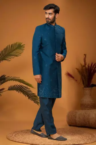 Blue art silk embroidered mirror work sherwani set