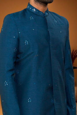Blue art silk embroidered mirror work sherwani set 3
