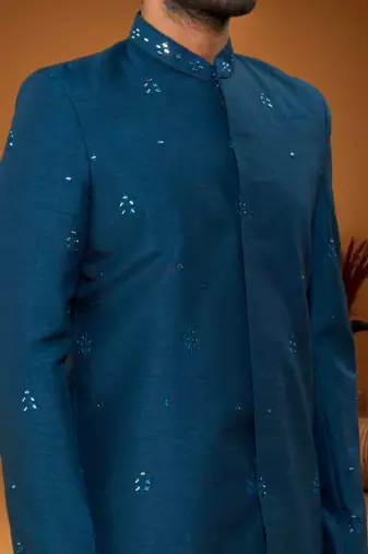 Blue art silk embroidered mirror work sherwani set