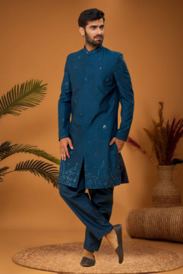 Blue art silk embroidered mirror work sherwani set 4