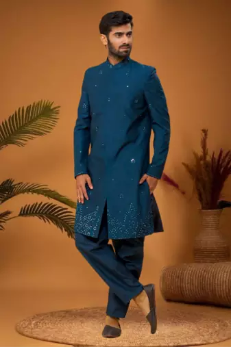 Blue art silk embroidered mirror work sherwani set