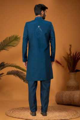 Blue art silk embroidered mirror work sherwani set 5