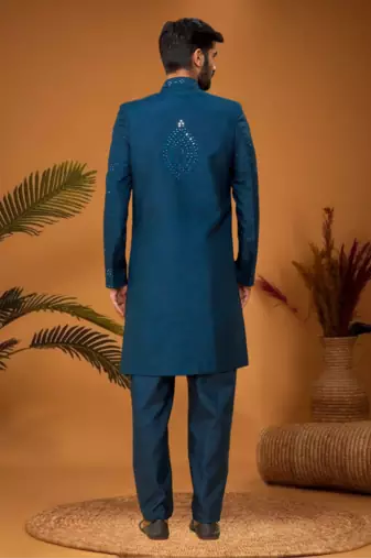 Blue art silk embroidered mirror work sherwani set