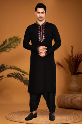 Black art silk mirror work kurta pajama 1