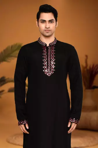 Black art silk mirror work kurta pajama