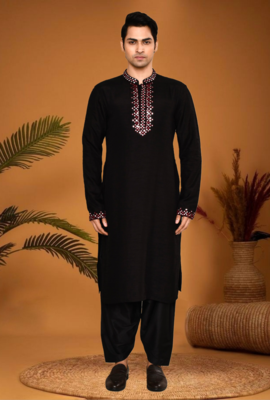 Black art silk mirror work kurta pajama 4