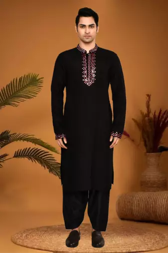 Black art silk mirror work kurta pajama