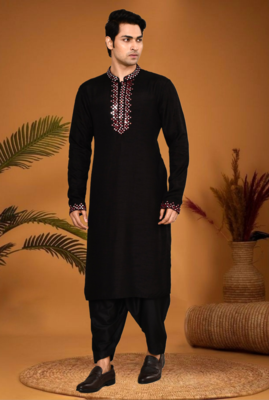 Black art silk mirror work kurta pajama 5