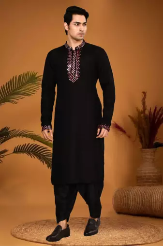 Black art silk mirror work kurta pajama
