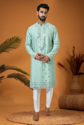 Green art silk embroidery mirror work kurta pajama 1