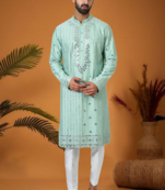 Green art silk embroidery mirror work kurta pajama