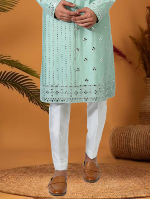 Green art silk embroidery mirror work kurta pajama 3