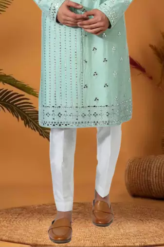 Green art silk embroidery mirror work kurta pajama