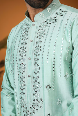 Green art silk embroidery mirror work kurta pajama 4
