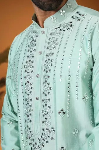 Green art silk embroidery mirror work kurta pajama