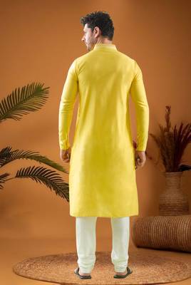 Yellow cotton blend mirror work kurta pajama 2