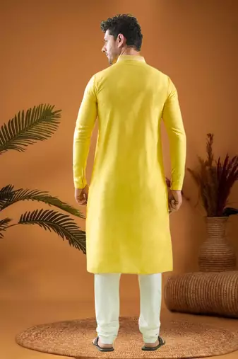 Yellow cotton blend mirror work kurta pajama
