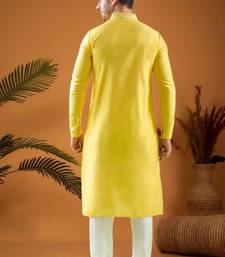 Yellow cotton blend mirror work kurta pajama