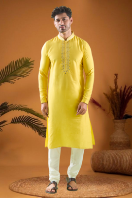 Yellow cotton blend mirror work kurta pajama 1