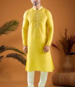 Yellow cotton blend mirror work kurta pajama