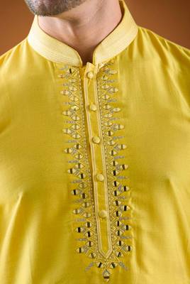 Yellow cotton blend mirror work kurta pajama 3