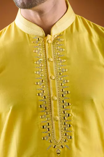 Yellow cotton blend mirror work kurta pajama