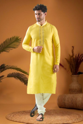 Yellow cotton blend mirror work kurta pajama 4