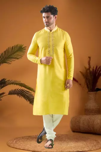 Yellow cotton blend mirror work kurta pajama