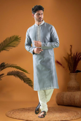 Grey cotton blend mirror work kurta pajama 1