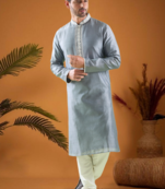 Grey cotton blend mirror work kurta pajama